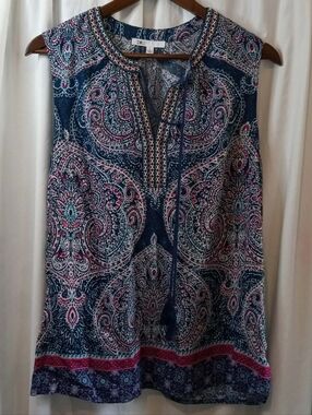 DR2 Large Navy Paisley Sleeveless Shirt Casual Boho Flowy Hippie Tie Front Red